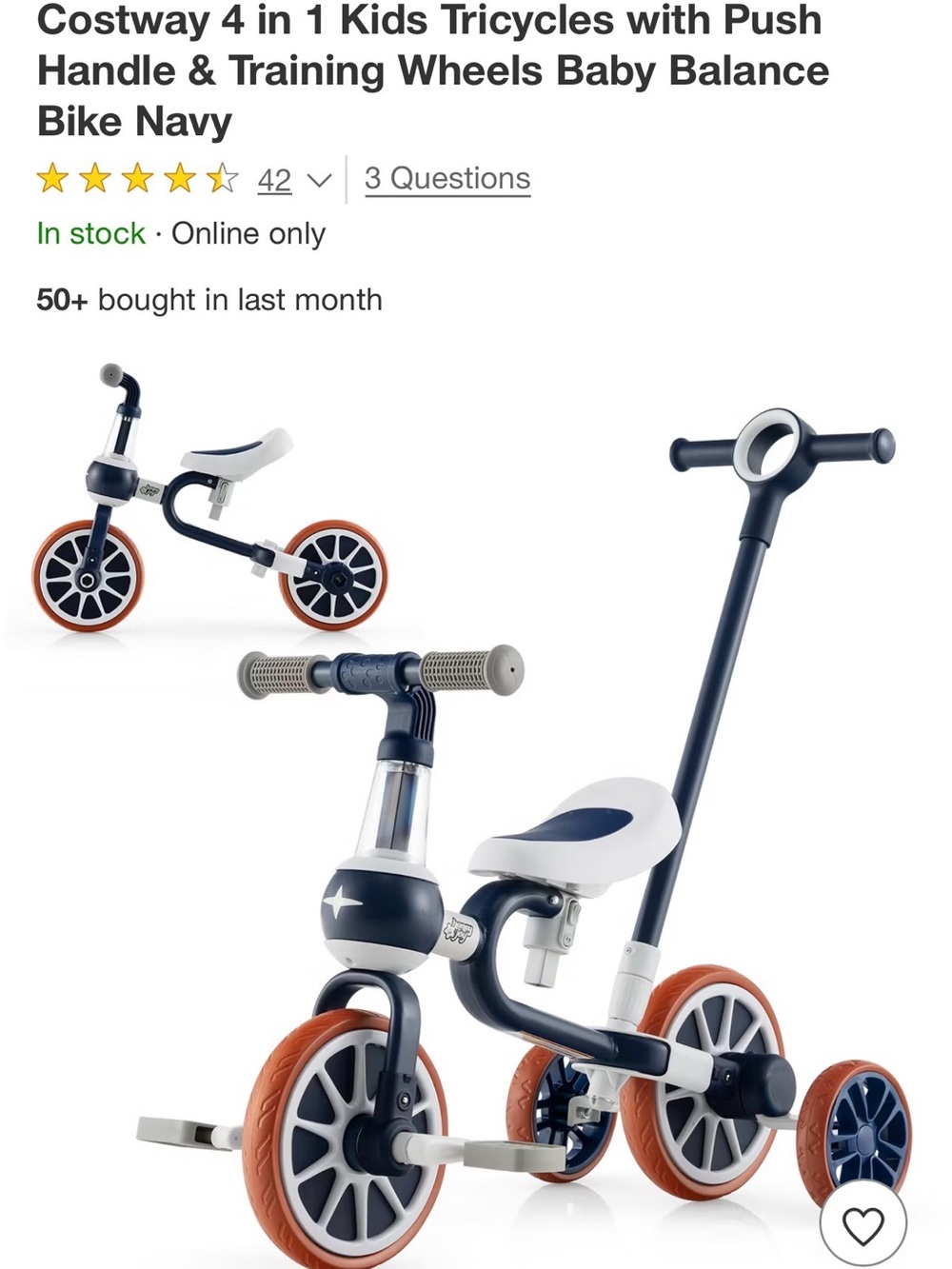 4-in-1 Kids Tricycle with Push Handle – Navy & White